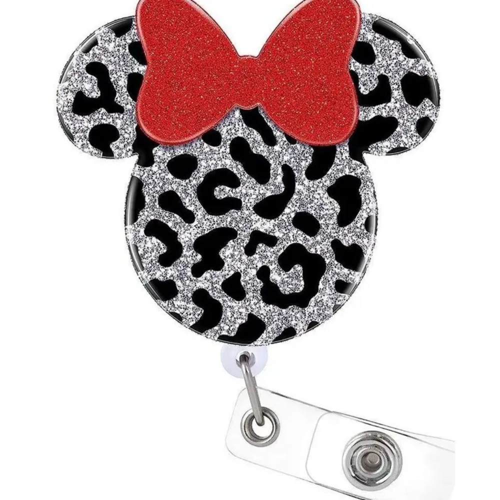 Minnie Mouse Silver Glitter Badge Reel with Red Bow